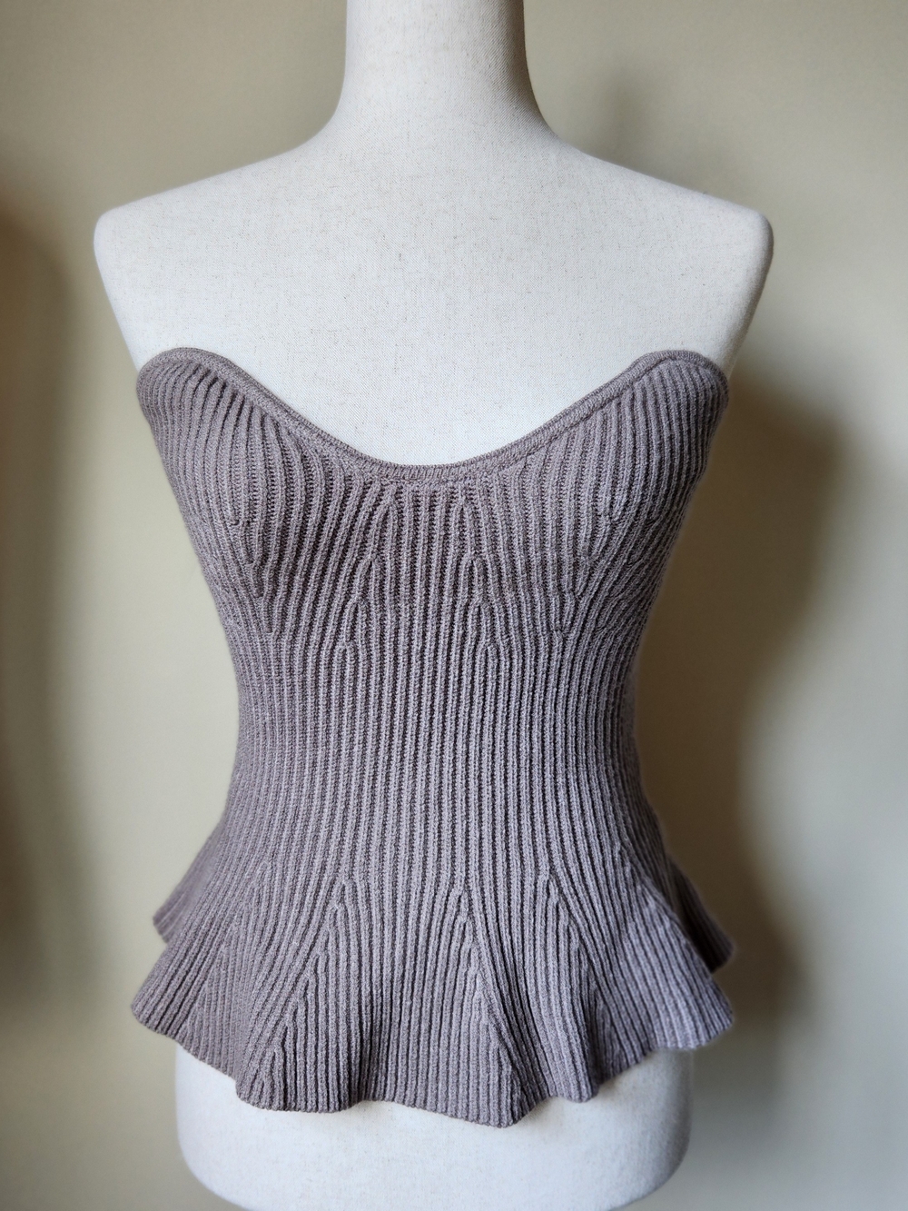 Bluivy Taupe Ribbed Knit Strapless Peplum Corset Top Sweetheart NWT Women L